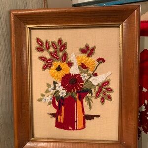 Vintage Floral crewel Art in Wooden Frame
